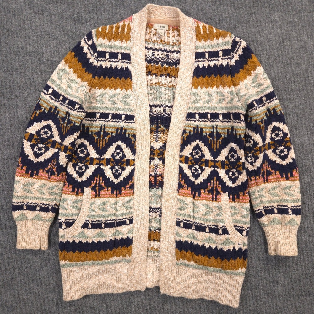 LL Bean Cardigan Sweater Womens XSP Southwestern Fair Isle Pockets Open Front